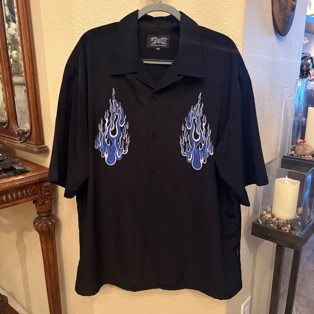 Vintage DRAGONFLY Black Short Sleeve Shirt Y2K Blue Flame Embroidery Size XXL